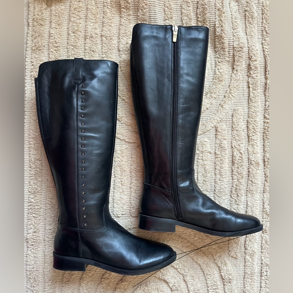 Marc Fisher Galaya Black Leather Knee High Full Zipper Low Heeled Boots